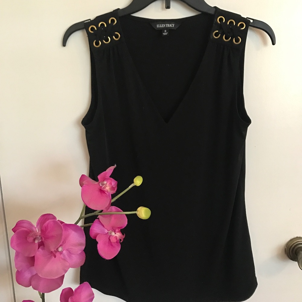 Black Sleeveless Ellen Tracy Top with Gold Laces